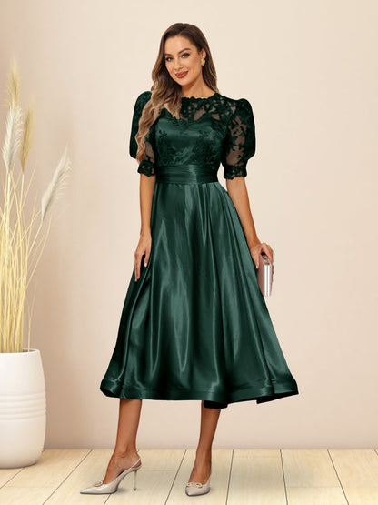 A-Line/Princess V-Neck Puffy Sleeves Tea-Length Evening Dresses