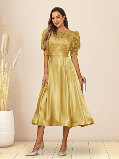 A-Line/Princess V-Neck Puffy Sleeves Tea-Length Evening Dresses