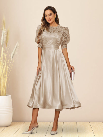 A-Line/Princess V-Neck Puffy Sleeves Tea-Length Evening Dresses