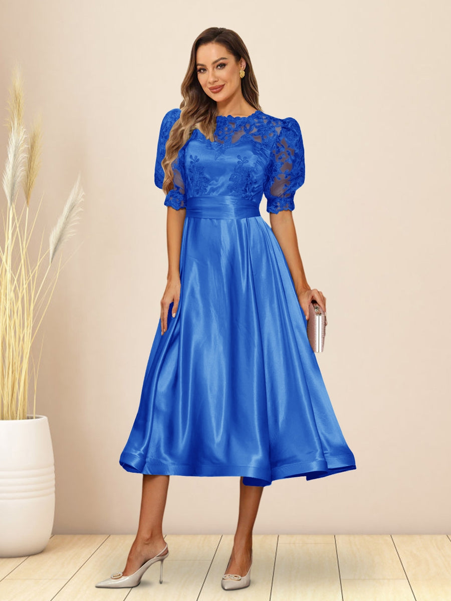 A-Line/Princess V-Neck Puffy Sleeves Tea-Length Evening Dresses