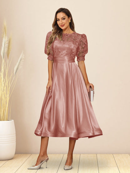 A-Line/Princess V-Neck Puffy Sleeves Tea-Length Evening Dresses