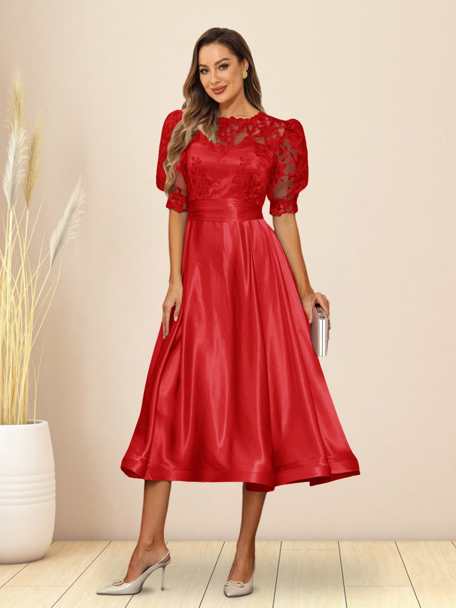 A-Line/Princess V-Neck Puffy Sleeves Tea-Length Evening Dresses