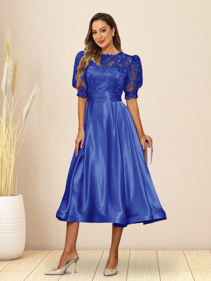 A-Line/Princess V-Neck Puffy Sleeves Tea-Length Evening Dresses