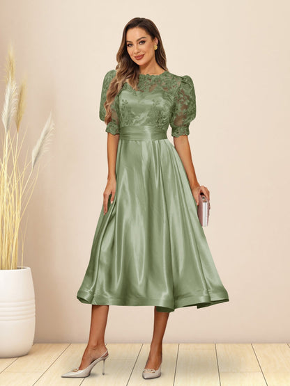 A-Line/Princess V-Neck Puffy Sleeves Tea-Length Evening Dresses