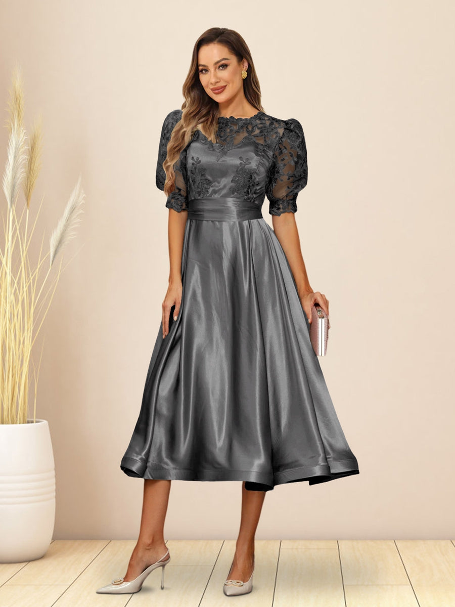 A-Line/Princess V-Neck Puffy Sleeves Tea-Length Evening Dresses