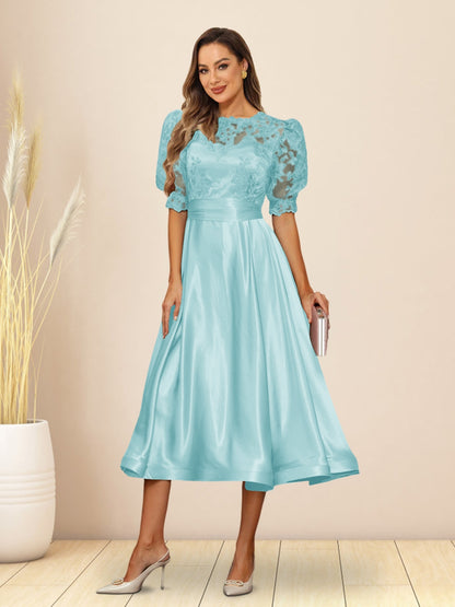 A-Line/Princess V-Neck Puffy Sleeves Tea-Length Evening Dresses