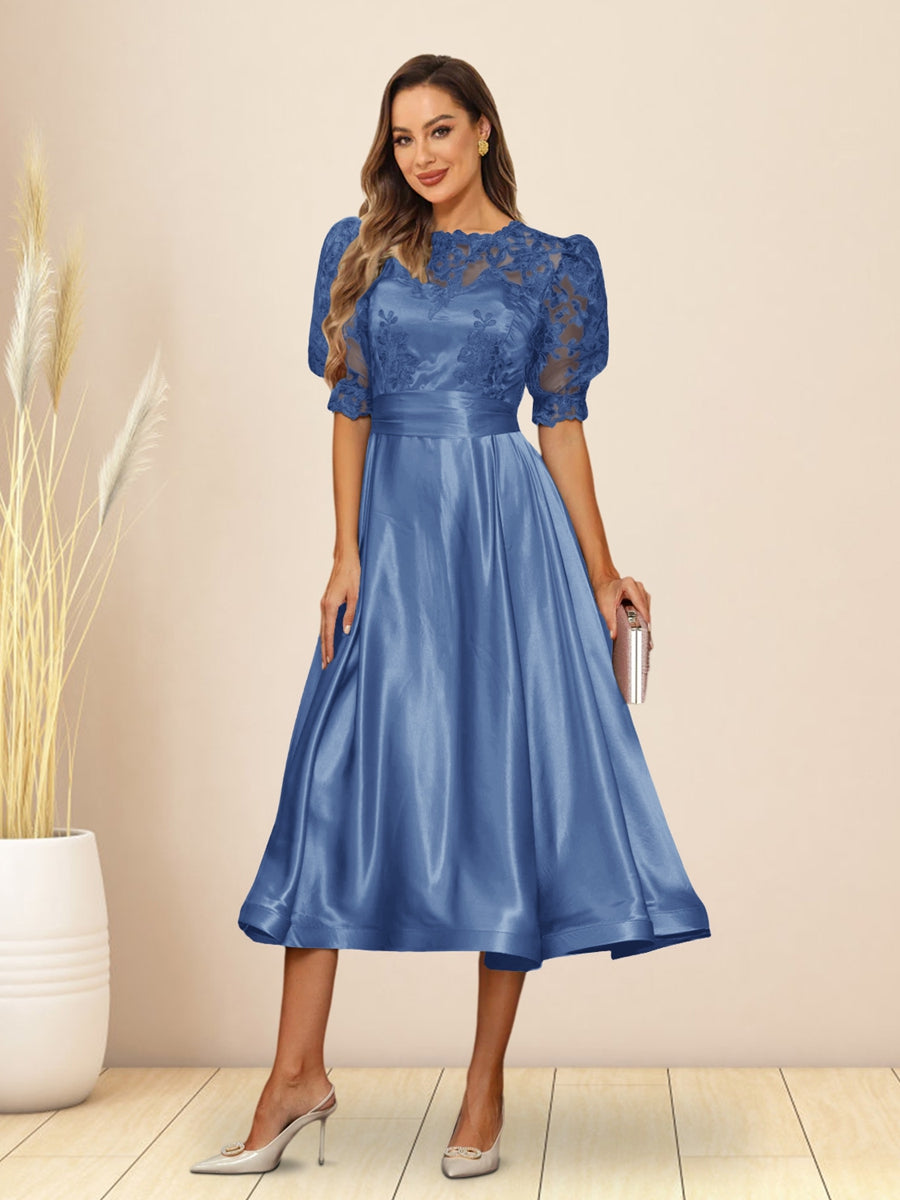 A-Line/Princess V-Neck Puffy Sleeves Tea-Length Evening Dresses