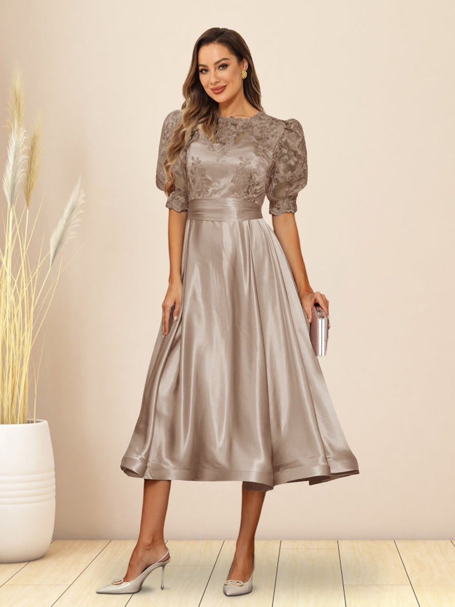 A-Line/Princess V-Neck Puffy Sleeves Tea-Length Evening Dresses