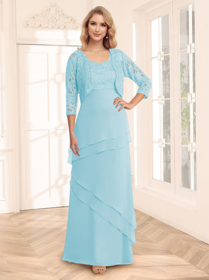 Sheath/Column Scoop 3/4 Sleeves Evening Dresses with Jacket & Appliques