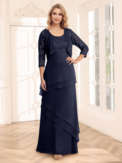 Sheath/Column Scoop 3/4 Sleeves Evening Dresses with Jacket & Appliques