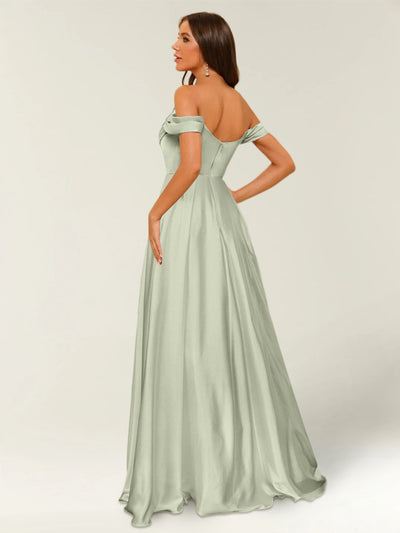 Floor-Length Off-the-Shoulder Long Formal Dresses with Split Side & Ruched