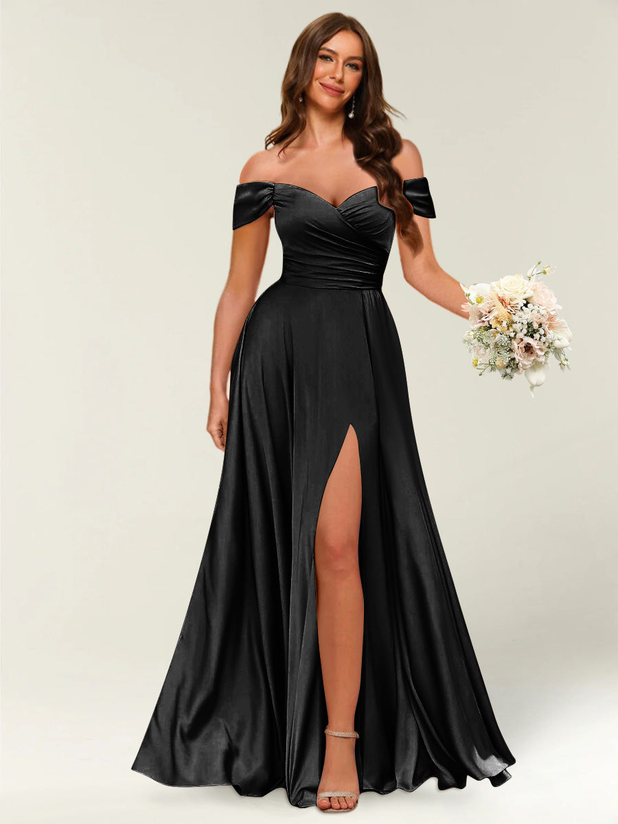 Floor-Length Off-the-Shoulder Long Formal Dresses with Split Side & Ruched