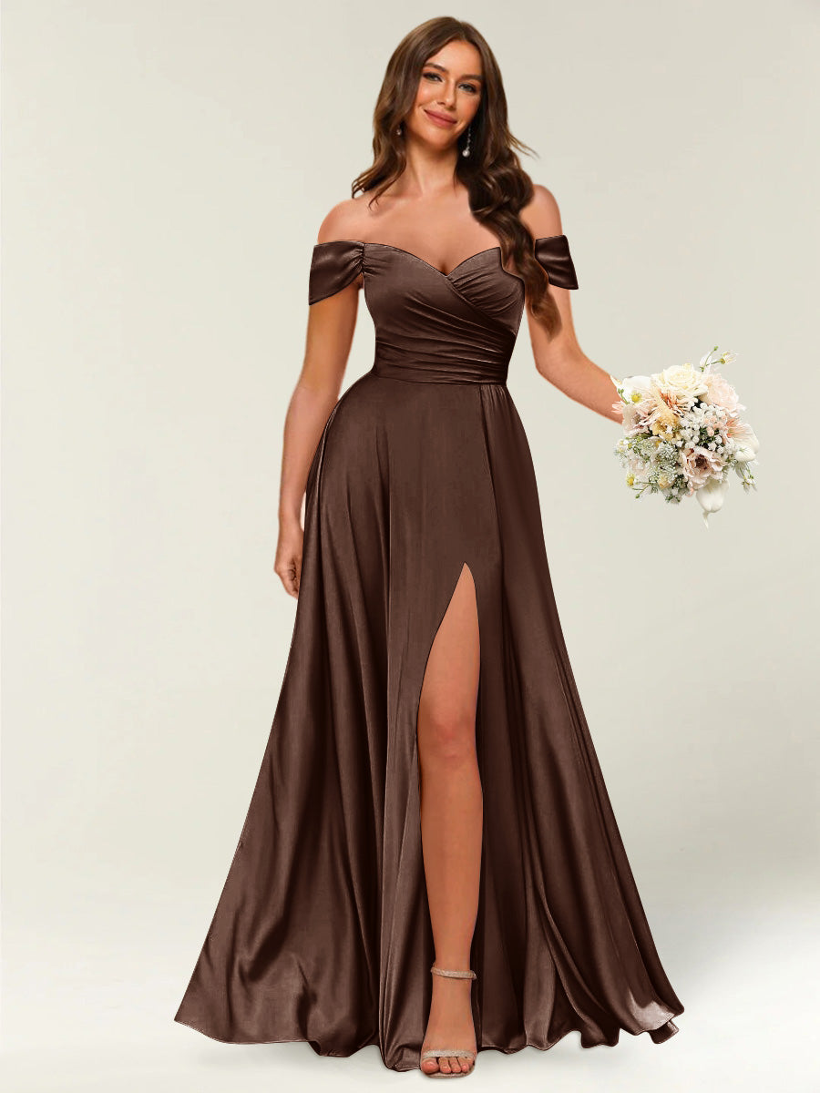 Floor-Length Off-the-Shoulder Long Formal Dresses with Split Side & Ruched