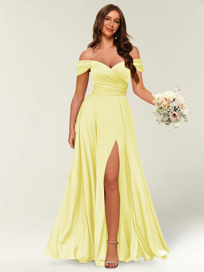 Floor-Length Off-the-Shoulder Long Formal Dresses with Split Side & Ruched