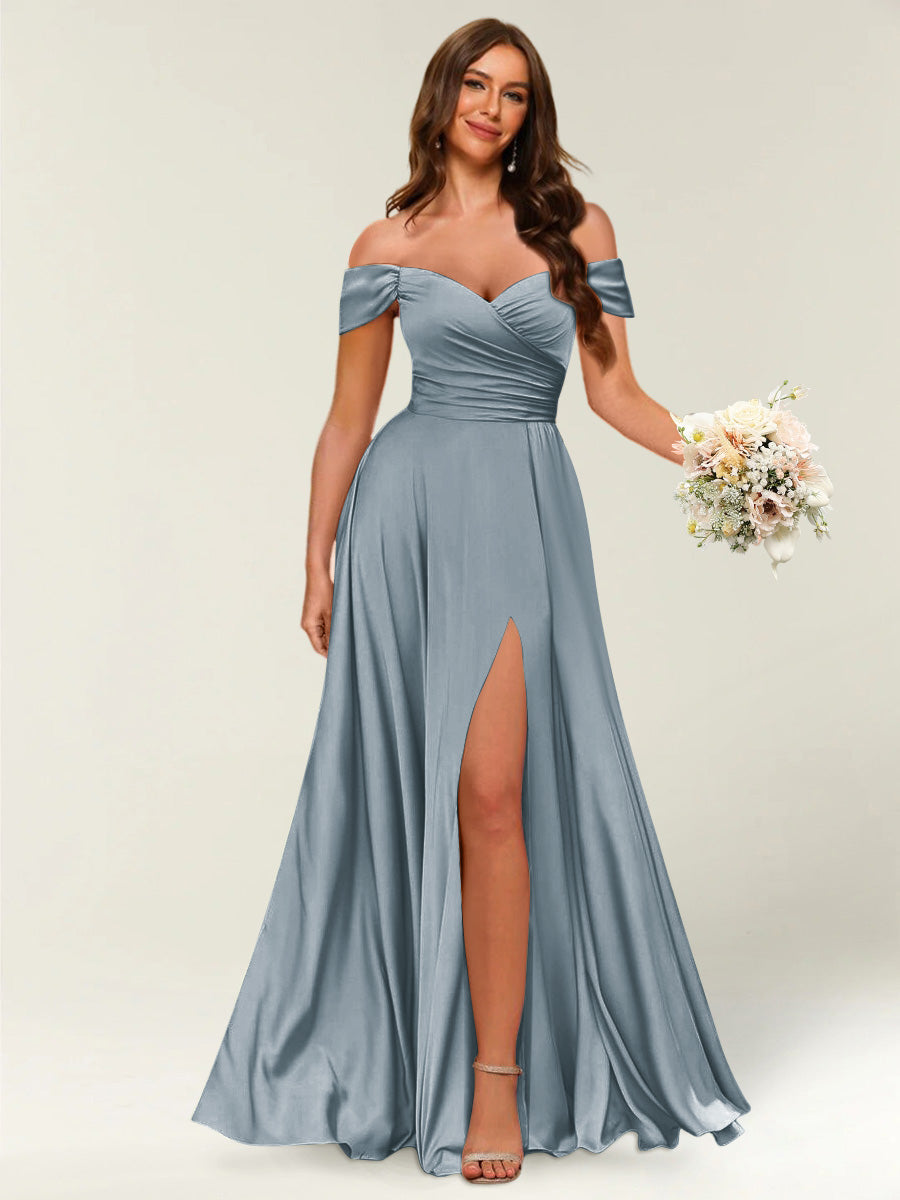 Floor-Length Off-the-Shoulder Long Formal Dresses with Split Side & Ruched