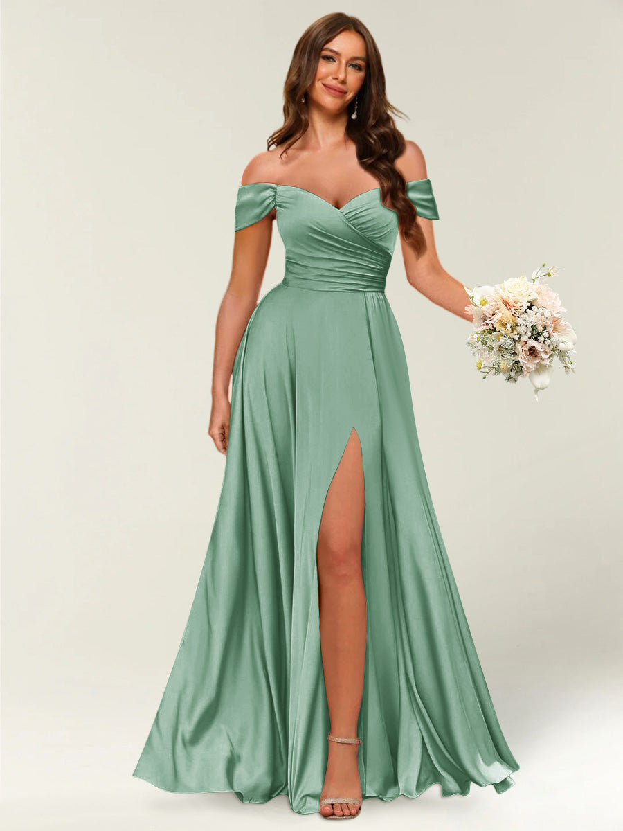 Floor-Length Off-the-Shoulder Long Formal Dresses with Split Side & Ruched