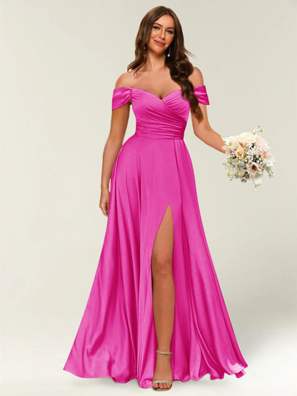 Floor-Length Off-the-Shoulder Long Formal Dresses with Split Side & Ruched