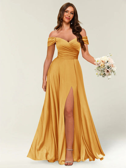 Floor-Length Off-the-Shoulder Long Formal Dresses with Split Side & Ruched