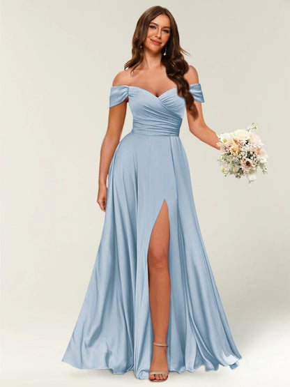 Floor-Length Off-the-Shoulder Long Formal Dresses with Split Side & Ruched