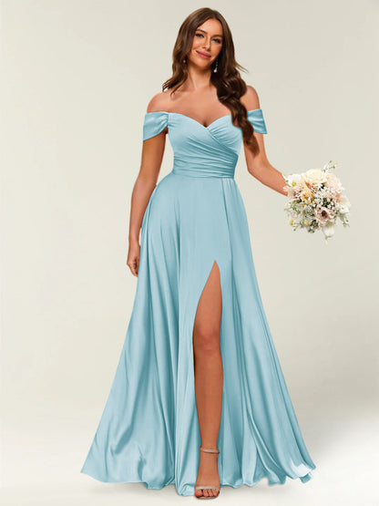 Floor-Length Off-the-Shoulder Long Formal Dresses with Split Side & Ruched