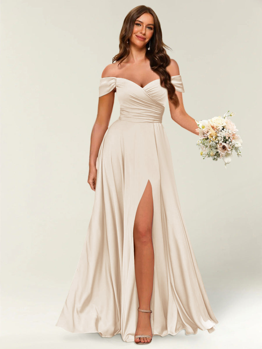 Floor-Length Off-the-Shoulder Long Formal Dresses with Split Side & Ruched