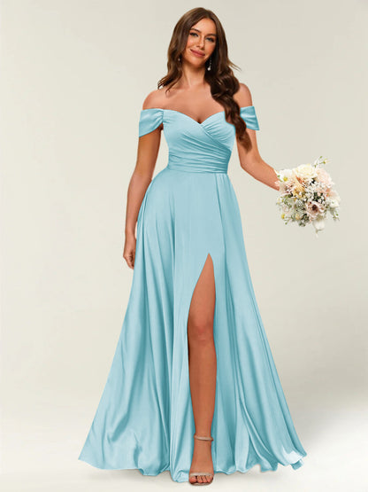 Floor-Length Off-the-Shoulder Long Formal Dresses with Split Side & Ruched