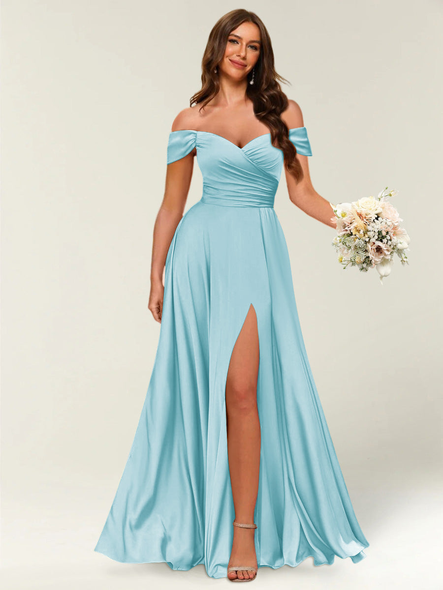 Floor-Length Off-the-Shoulder Long Formal Dresses with Split Side & Ruched