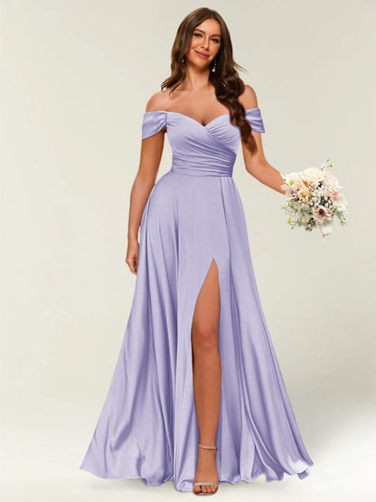 Floor-Length Off-the-Shoulder Long Formal Dresses with Split Side & Ruched