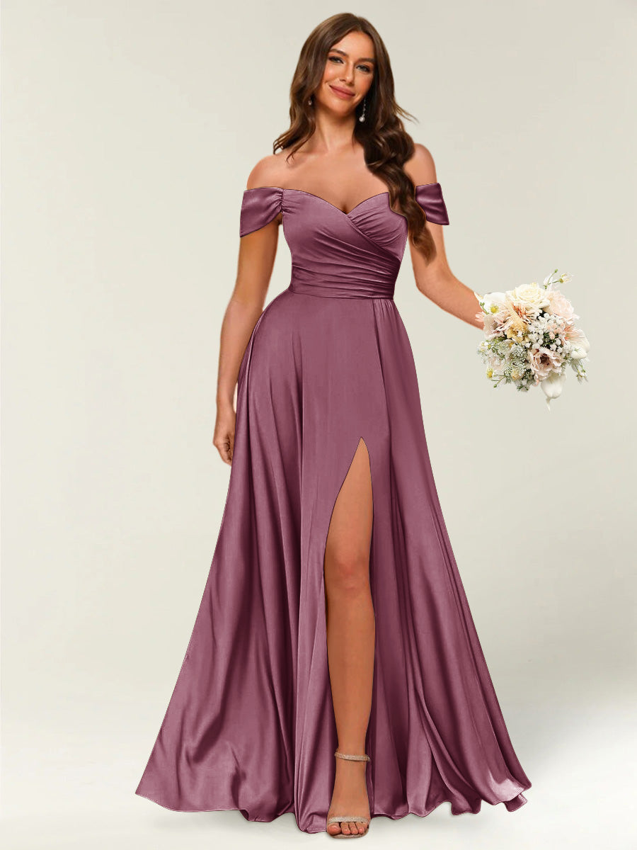 Floor-Length Off-the-Shoulder Long Formal Dresses with Split Side & Ruched