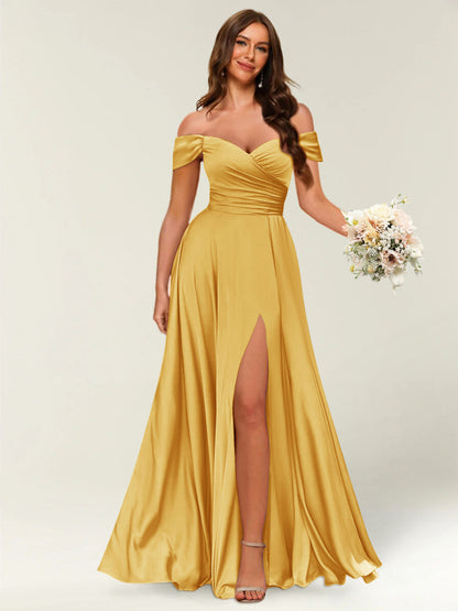 Floor-Length Off-the-Shoulder Long Formal Dresses with Split Side & Ruched