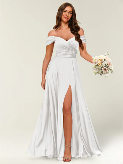 Floor-Length Off-the-Shoulder Long Formal Dresses with Split Side & Ruched