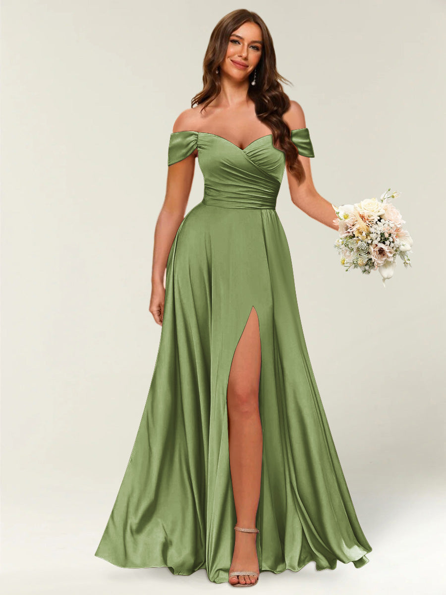 Floor-Length Off-the-Shoulder Long Formal Dresses with Split Side & Ruched