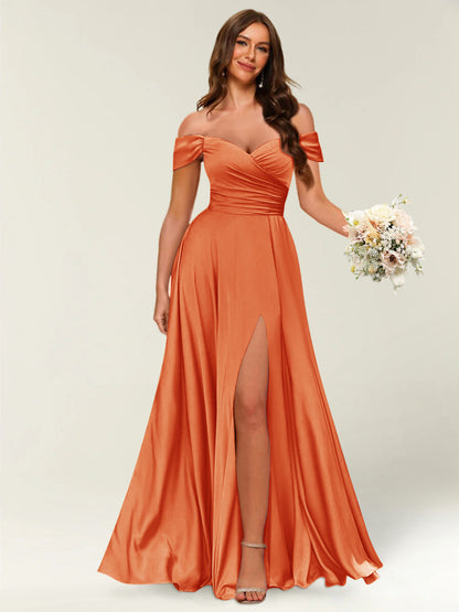 Floor-Length Off-the-Shoulder Long Formal Dresses with Split Side & Ruched