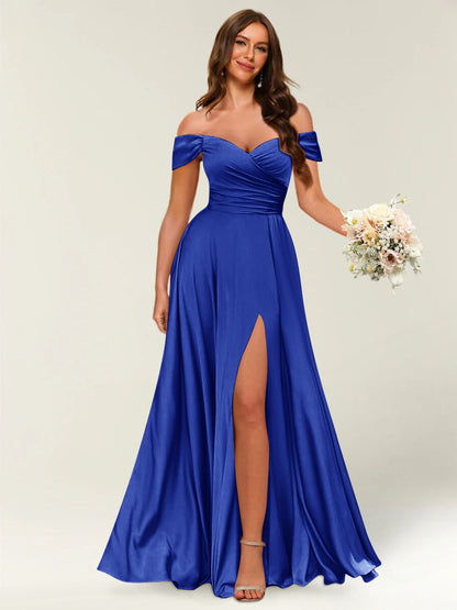 Floor-Length Off-the-Shoulder Long Formal Dresses with Split Side & Ruched