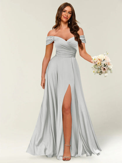 Floor-Length Off-the-Shoulder Long Formal Dresses with Split Side & Ruched