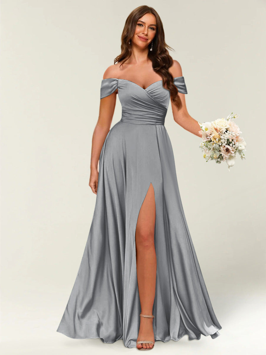 Floor-Length Off-the-Shoulder Long Formal Dresses with Split Side & Ruched