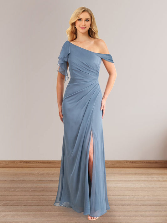 Sheath/Column One-Shoulder Sleeveless Long Bridesmaid Dresses with Split Side