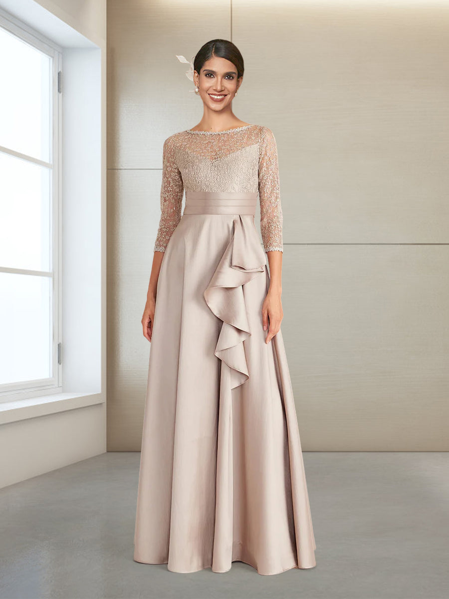 A-Line/Princess Scoop 3/4 Sleeves Floor-Length Evening Dresses with Appliques