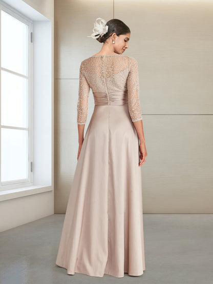 A-Line/Princess Scoop 3/4 Sleeves Floor-Length Evening Dresses with Appliques