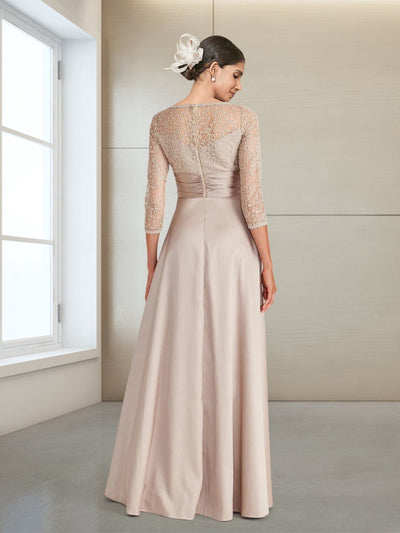 A-Line/Princess Scoop 3/4 Sleeves Floor-Length Evening Dresses with Appliques