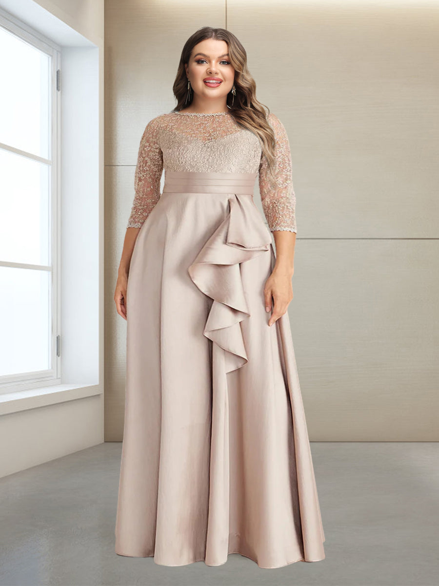 A-Line/Princess Scoop 3/4 Sleeves Floor-Length Plus Size Evening Dresses with Appliques