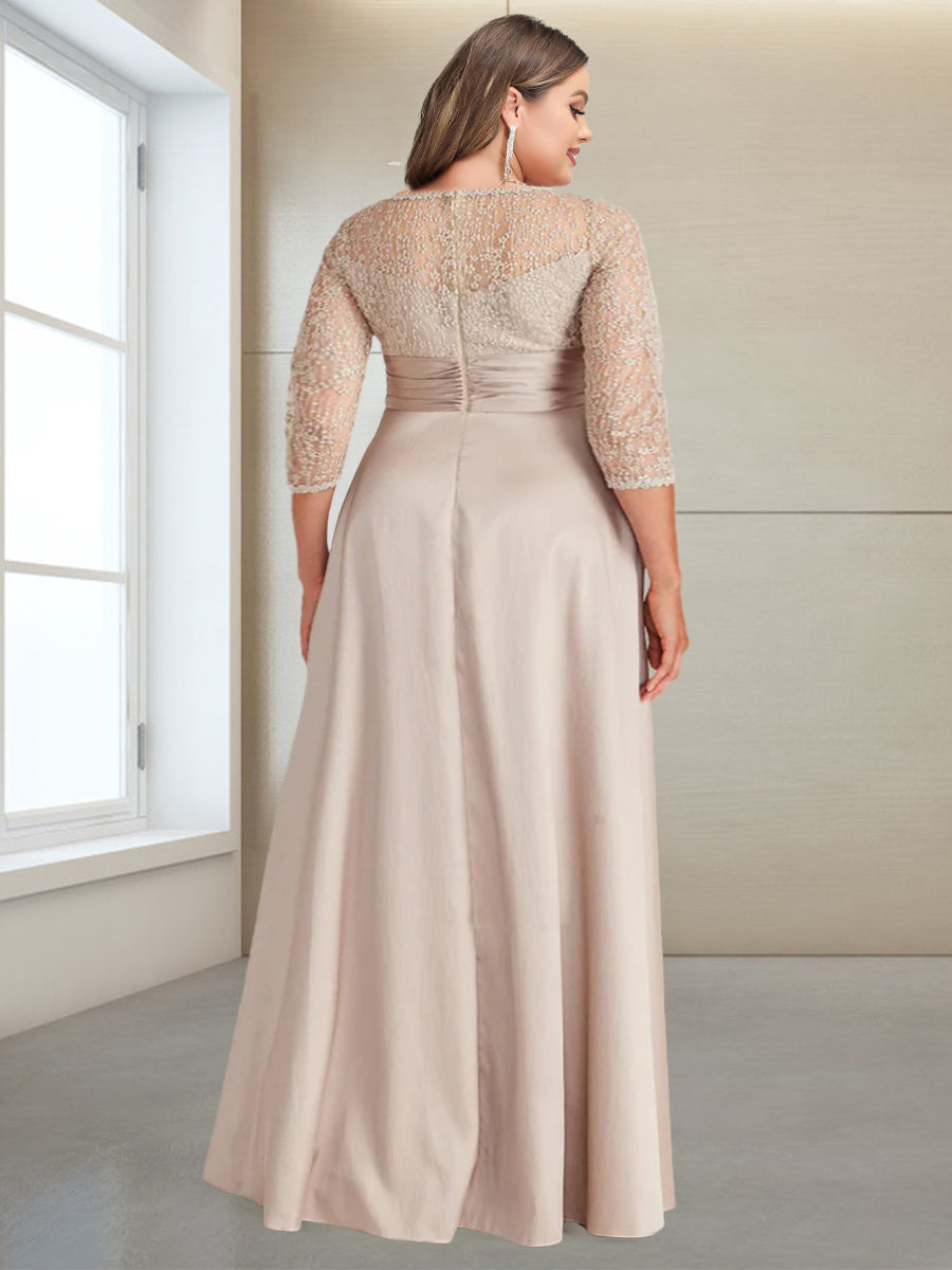 A-Line/Princess Scoop 3/4 Sleeves Floor-Length Plus Size Evening Dresses with Appliques