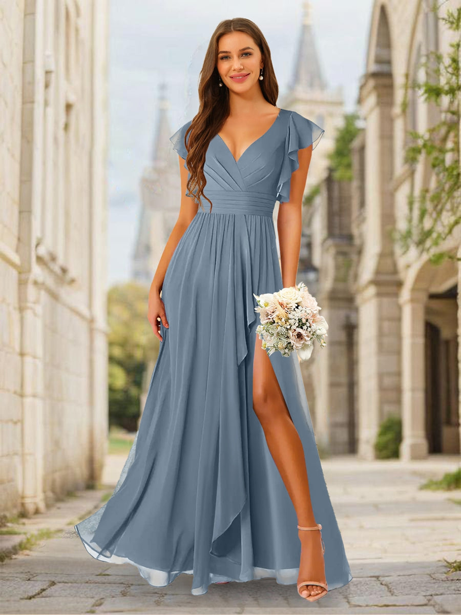 A-Line/Princess V-Neck Floor-Length Bridesmaid Dresses With Split Side