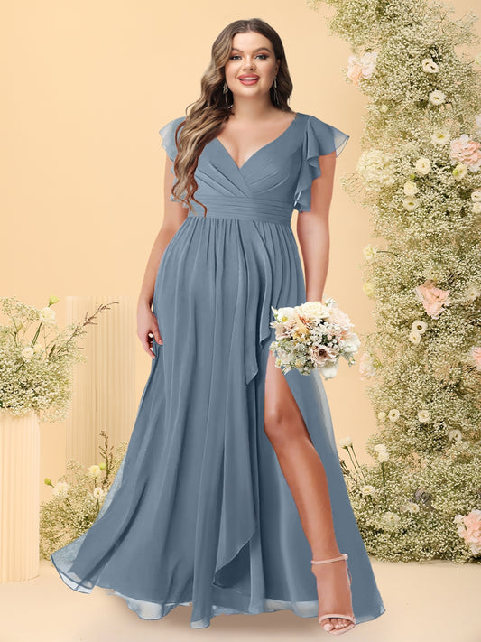 A-Line/Princess V-Neck Floor-Length Plus Size Bridesmaid Dresses With Split Side