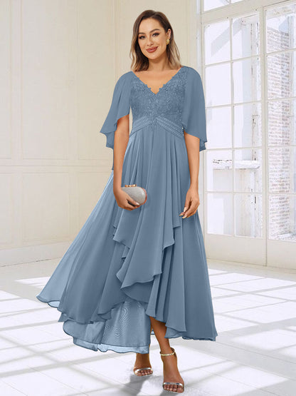 A-Line/Princess V-Neck Asymmetrical Mother of the Bride Dresses With Ruffles