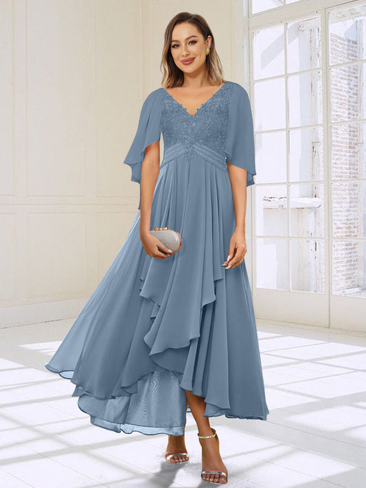 A-Line/Princess V-Neck Asymmetrical Mother of the Bride Dresses With Ruffles