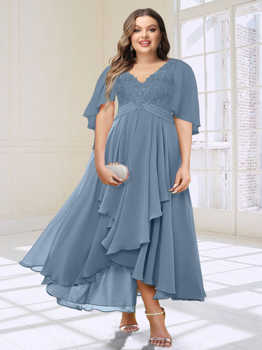 A-Line/Princess V-Neck Asymmetrical Plus Size Mother of the Bride Dresses With Ruffles