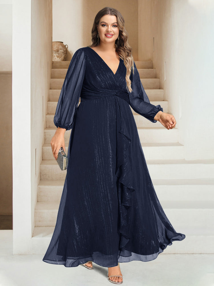 Lavetir Navy Blue A Line Princess V Neck Ankle Length Long Sleeves Plus Size Bridesmaid Dresses 2025