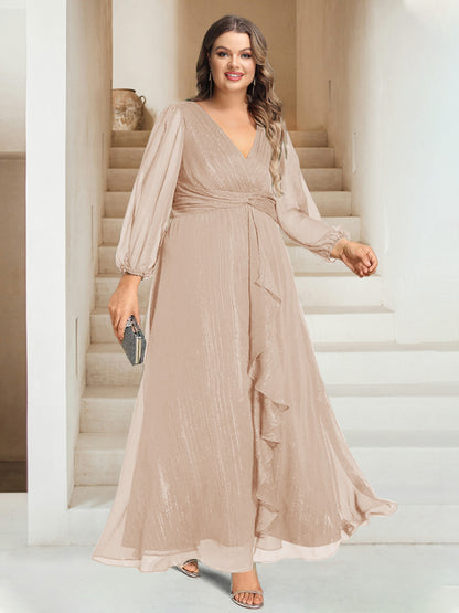 A-Line/Princess V-Neck Ankle-Length Long Sleeves Plus Size Bridesmaid Dresses