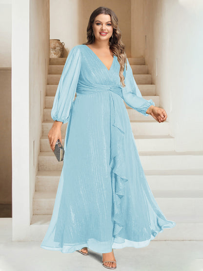 A-Line/Princess V-Neck Ankle-Length Long Sleeves Plus Size Bridesmaid Dresses